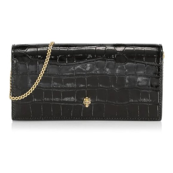 Alexander McQueen Croc-Embossed Leather Wallet-On-Chain Black Gold - Picture 1 of 12
